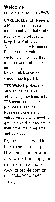 Rounded Rectangle: Welcome to  CAREER  MATCH NEWSCAREER MATCH News is a Member info once a month print and daily online publication produced to keep TTS Partners, Associates, P.E.N. career Plus Users, members and customers informed thru our print and online linked community News  publication and career match portal. TTS Wake Up News is also an inexpensive advertising mechanism for TTS associates, event promoters, service business owners and entrepreneurs who need to get their word out regarding their products, programs and services.If you are interested in becoming a wake up News publisher in your area while  boosting your income  contact us a www.ttspeople.com or call 864 293 3453 Today.